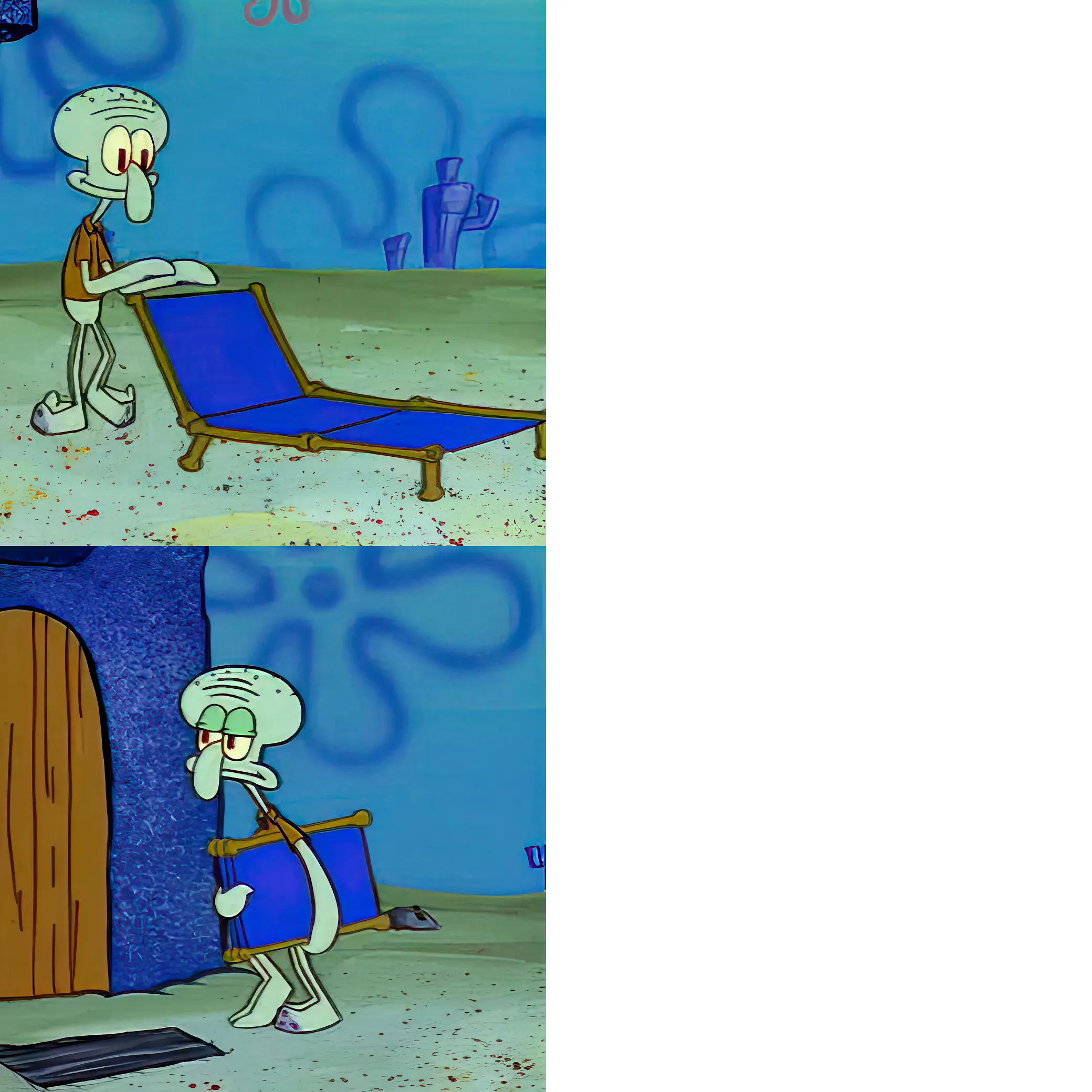 Squidward Tentacles folding a chair in a scene from SpongeBob SquarePants.