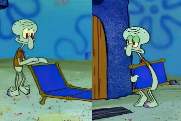 Squidward Tentacles folding a chair in a scene from SpongeBob SquarePants.