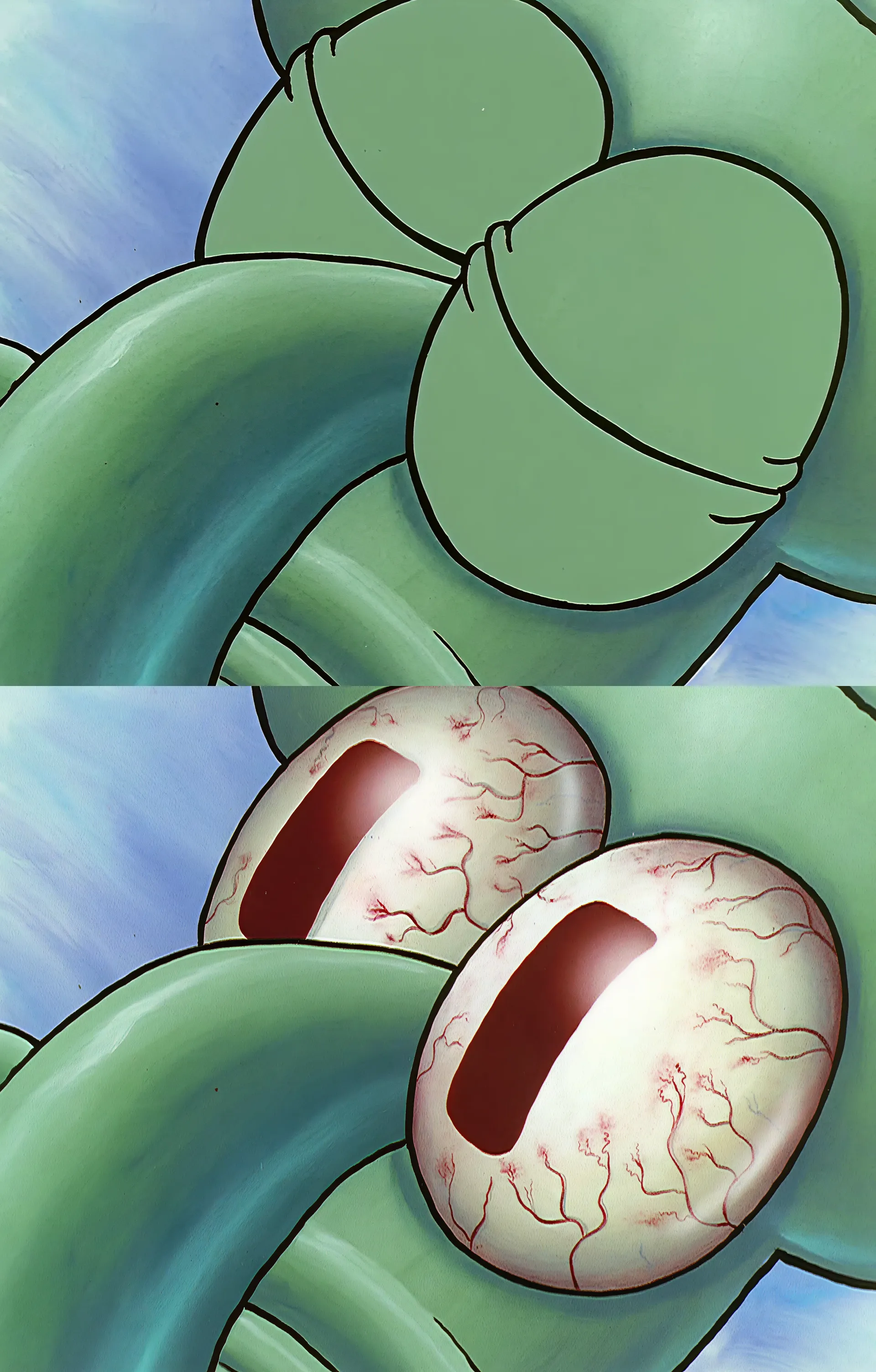 Close-up of Squidward's eyes from SpongeBob SquarePants, wide open and bloodshot.