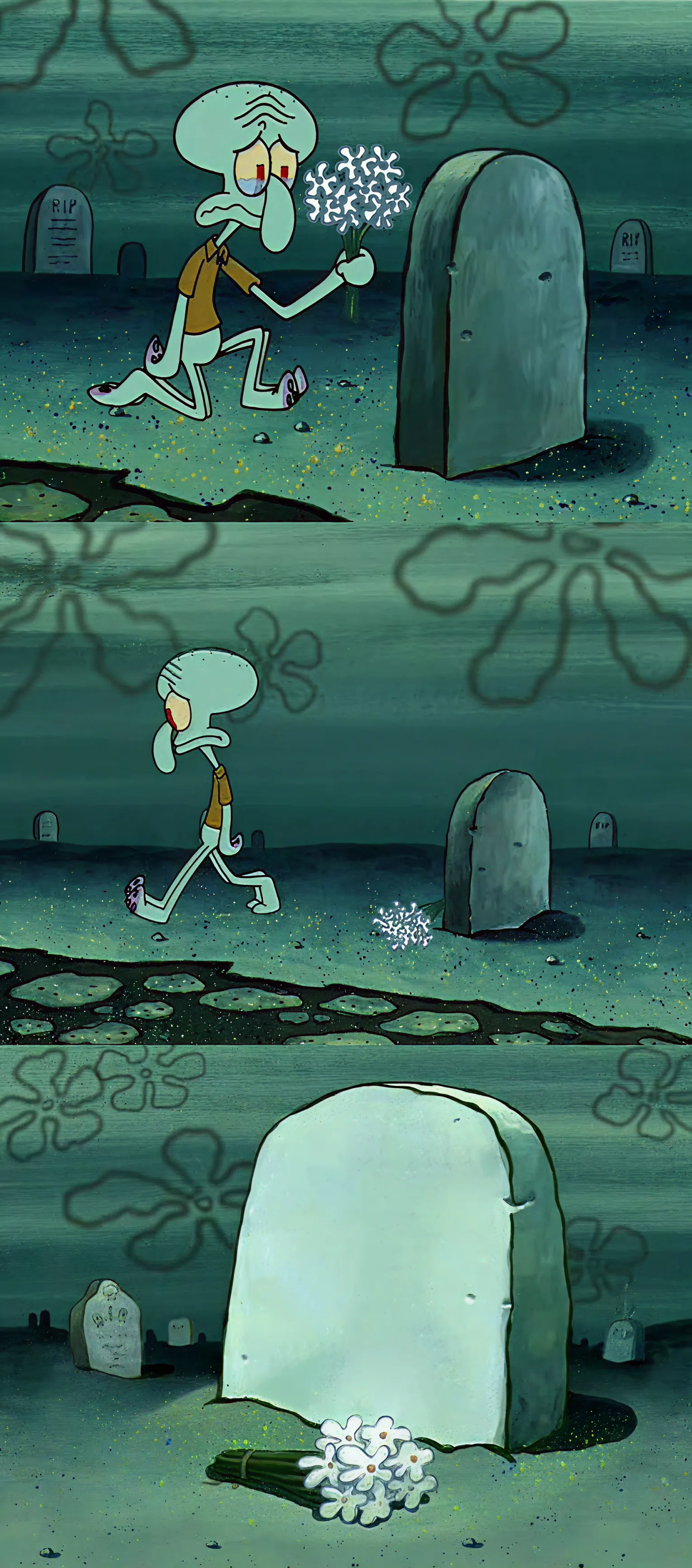 Squidward kneeling at a grave with flowers, looking sad.