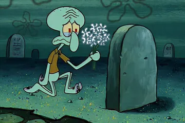 Squidward kneeling at a grave with flowers, looking sad.