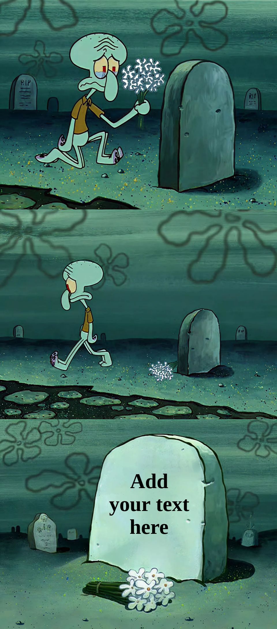 Squidward kneeling at a grave with flowers, looking sad.