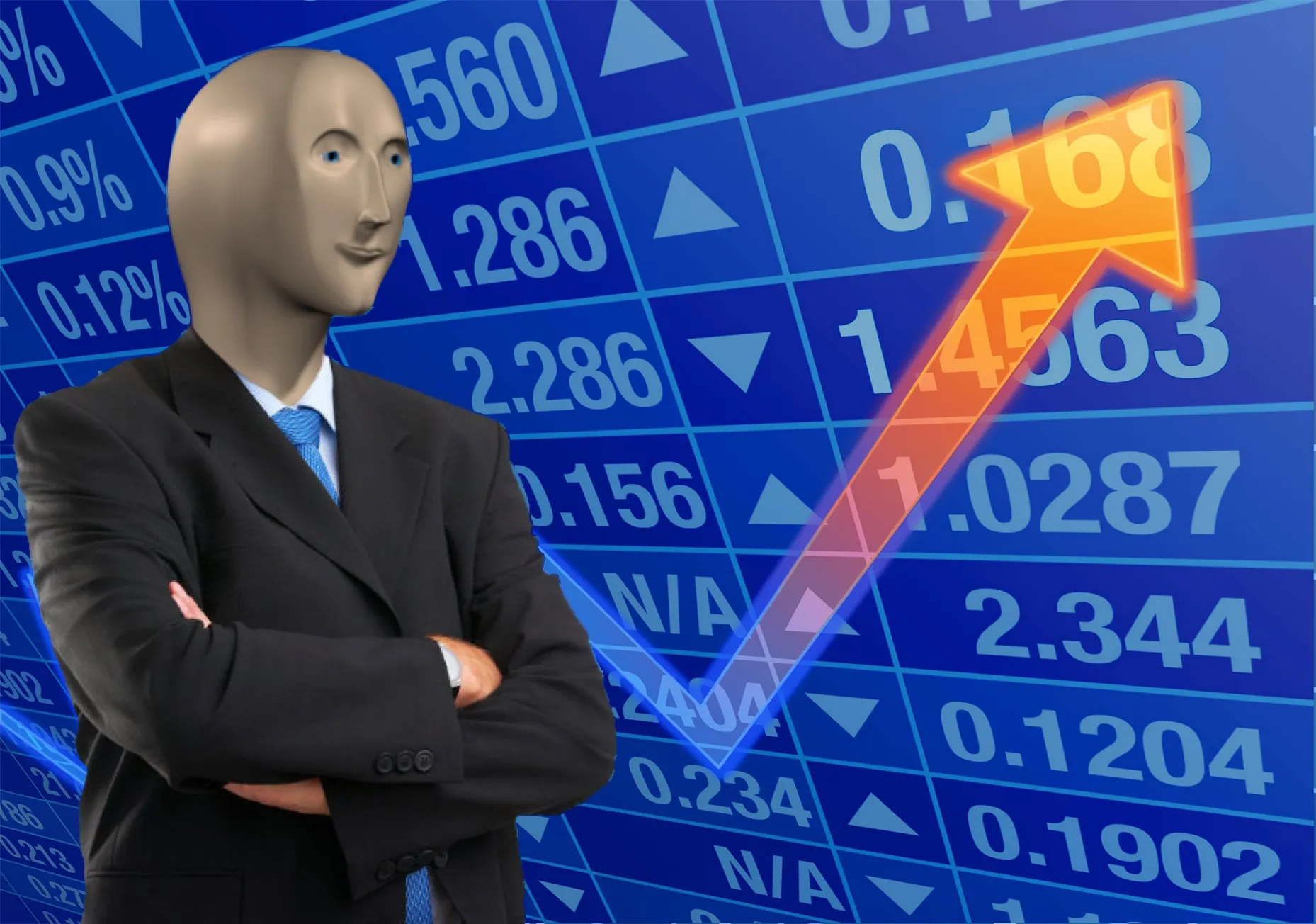 A humanoid figure with a stock market background and an upward arrow, representing the 'Stonks' meme.