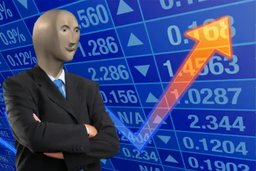 A humanoid figure with a stock market background and an upward arrow, representing the 'Stonks' meme.