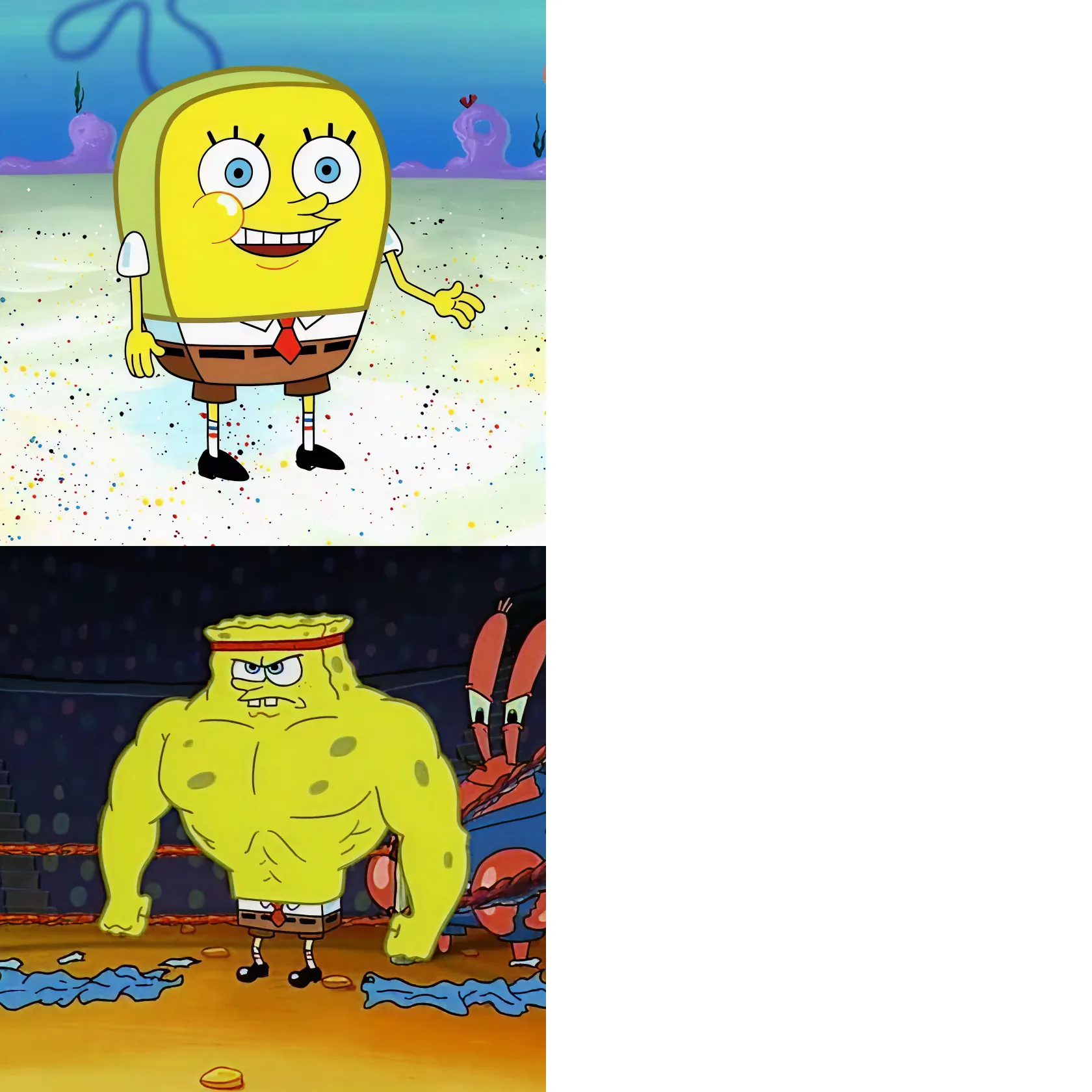 Spongebob Squarepants in a normal and muscular form from the cartoon series.