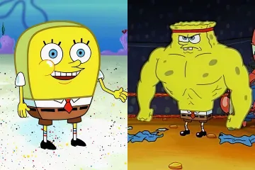 Spongebob Squarepants in a normal and muscular form from the cartoon series.