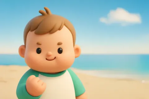 3d render of a determined toddler with a clenched fist on the beach.