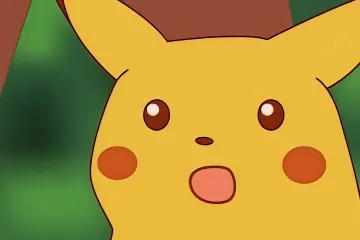 Pikachu with a surprised expression in a forest setting.