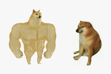 Muscular Doge on left, sad Cheems on right, both Shiba Inu dogs.