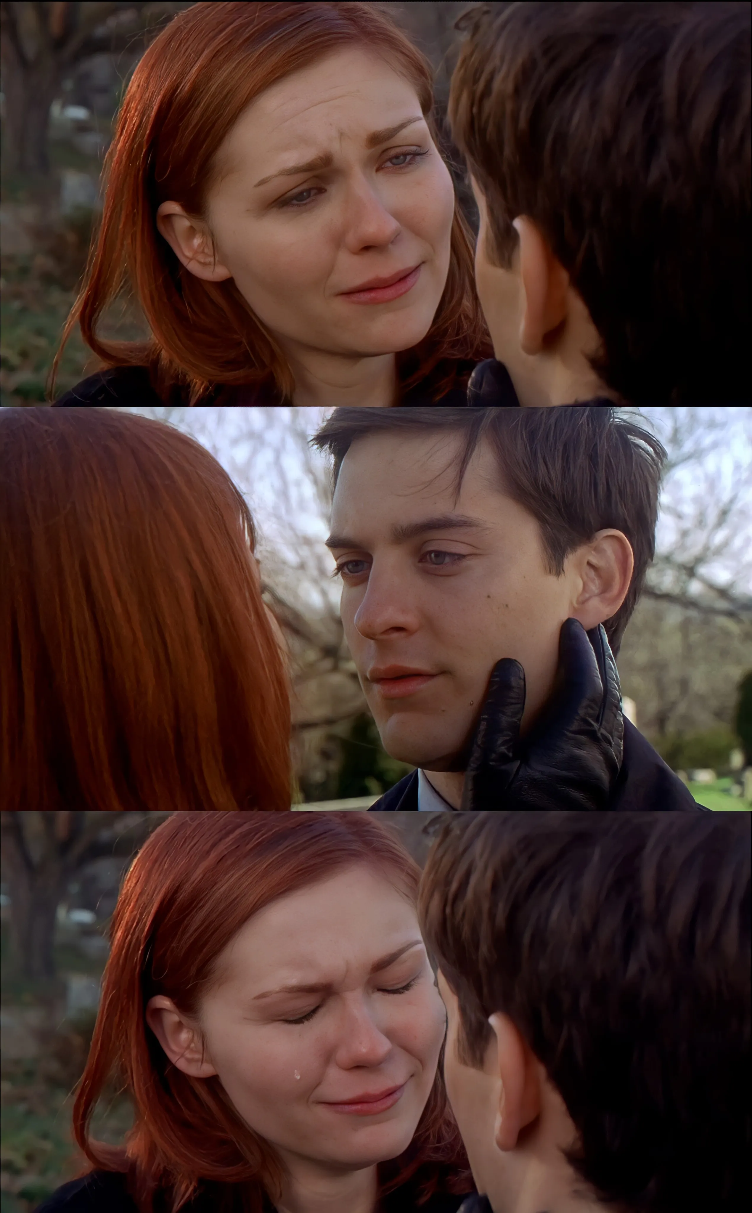 A woman crying while talking to a man in a dramatic scene from a movie.