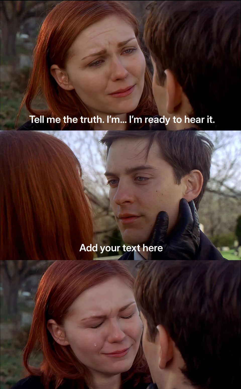 A woman crying while talking to a man in a dramatic scene from a movie.