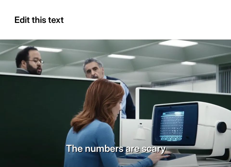 Office scene with three people and a vintage computer screen displaying numbers.