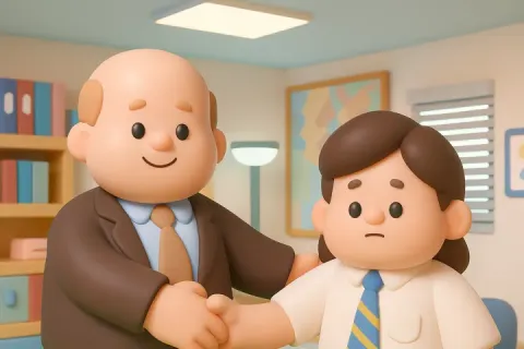 3d render of two men shaking hands in an office setting, one with a mullet hairstyle.
