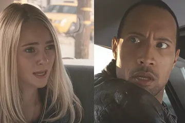 A man driving a car with a surprised expression and a young girl in the backseat.
