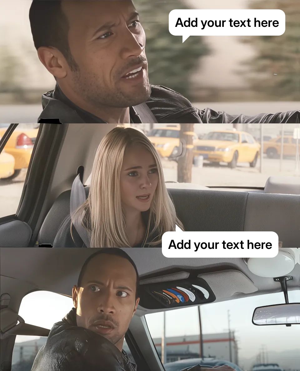 A man driving a car with a surprised expression and a young girl in the backseat.