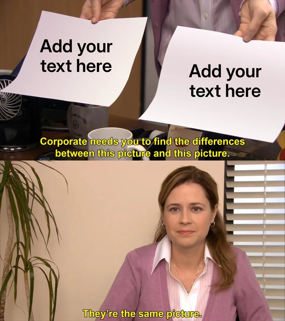 Scene from The Office with Pam holding two identical sheets of paper.