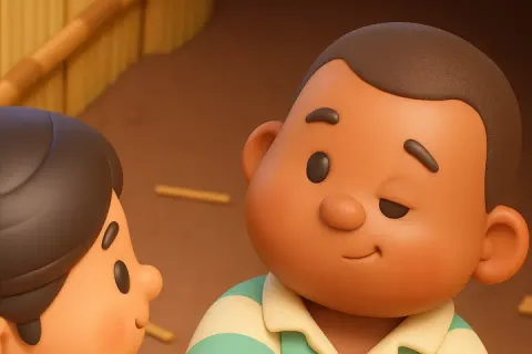 3d render of a young black boy with a skeptical expression looking at a woman in a rural setting.