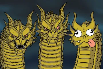 Three-headed dragon with two fierce heads and one goofy head.