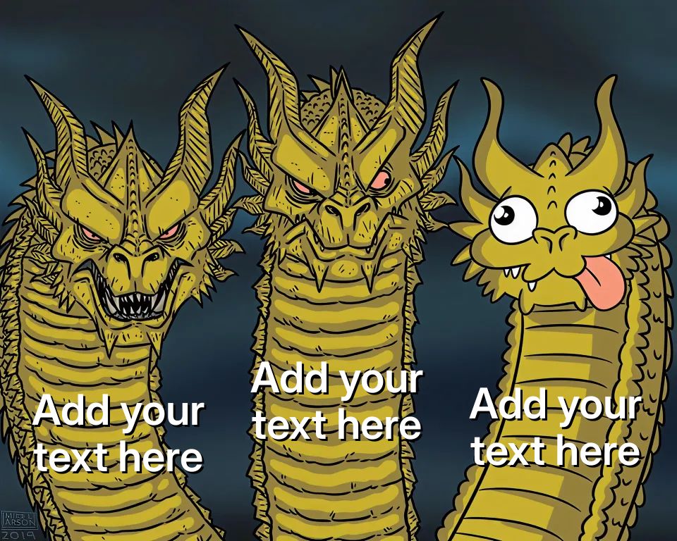 Three-headed dragon with two fierce heads and one goofy head.