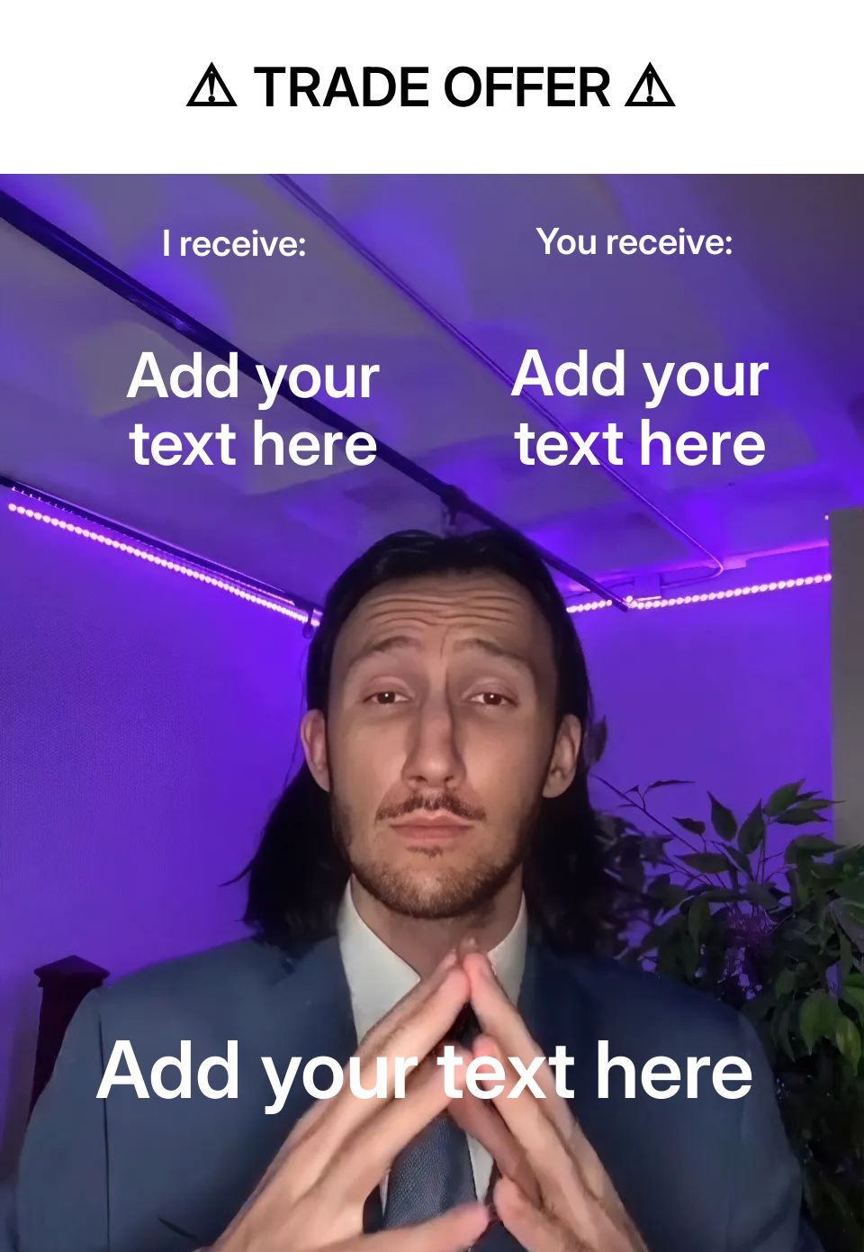 Person in a suit with hands clasped, purple lighting in the background.