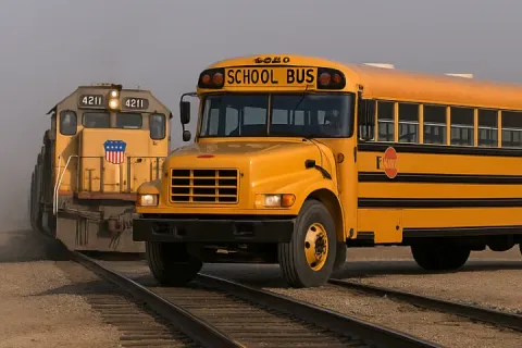 Train colliding with a yellow school bus at a railway crossing.