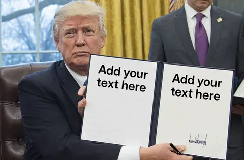 Donald Trump holding a signed blank document in the Oval Office.