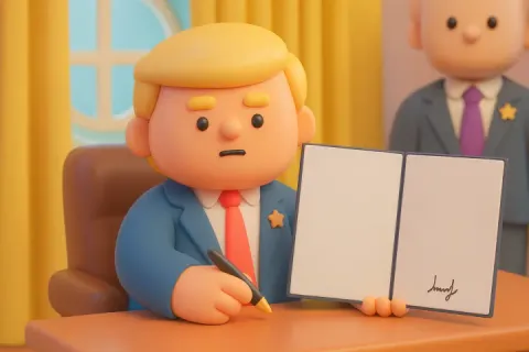Donald Trump holding a signed blank document in the Oval Office.