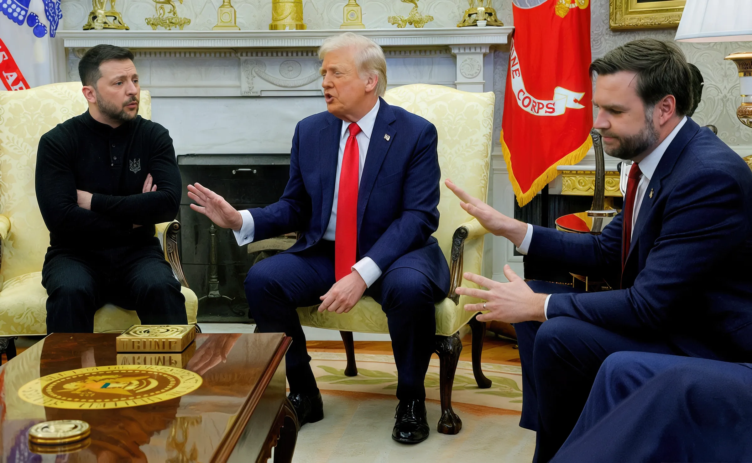 Donald Trump gesturing to Volodymyr Zelensky in a meeting setting.