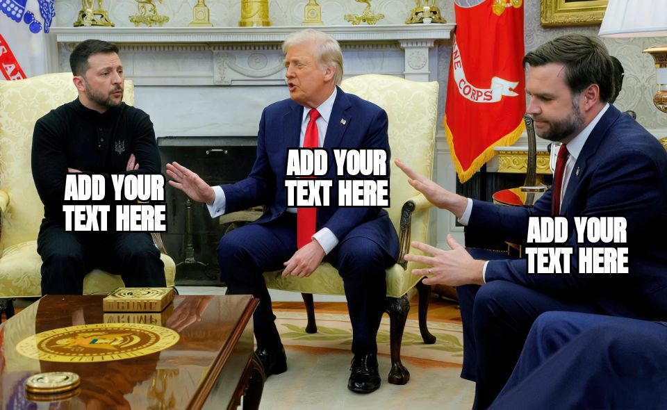 Donald Trump gesturing to Volodymyr Zelensky in a meeting setting.
