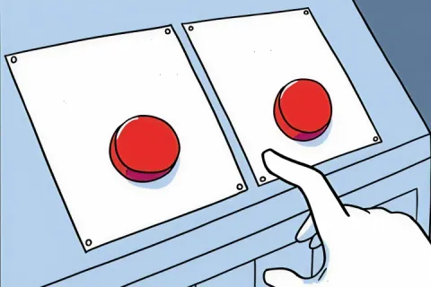 A cartoon character sweating while choosing between two red buttons.