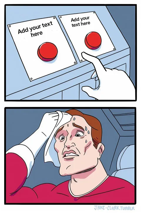 A cartoon character sweating while choosing between two red buttons.