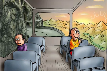 Two men on a bus, one sad facing rocks, the other happy facing a scenic view.