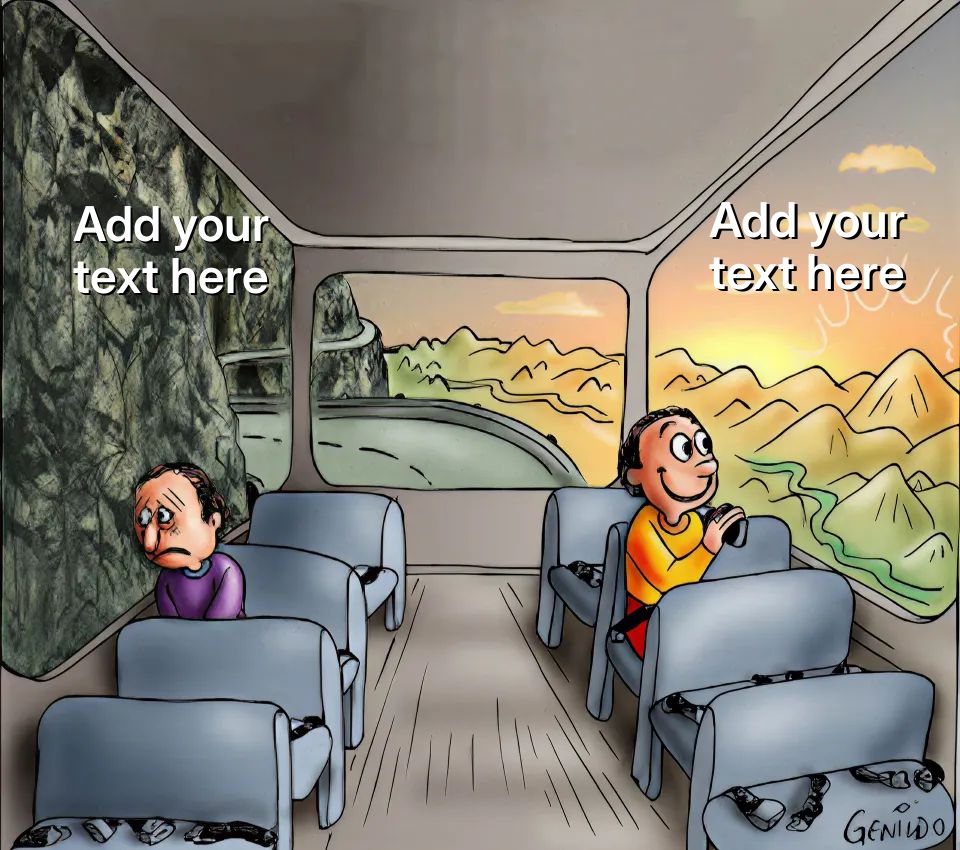 Two men on a bus, one sad facing rocks, the other happy facing a scenic view.