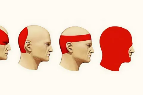 Four illustrations of a head with different areas highlighted in red.