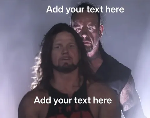 Two wrestlers in a dramatic, misty setting with intense expressions.