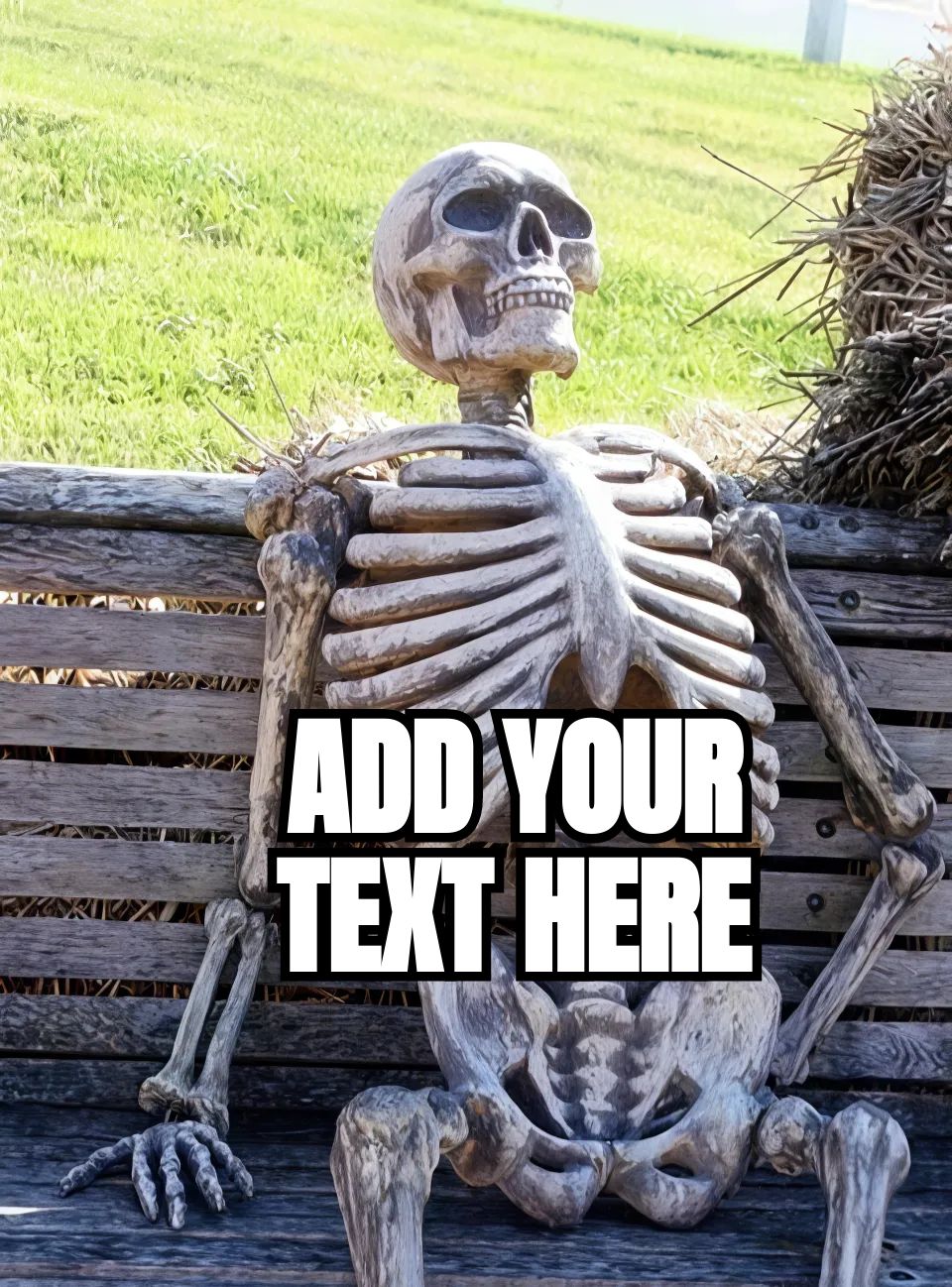 A skeleton sitting on a wooden bench in a grassy area, appearing to wait patiently.