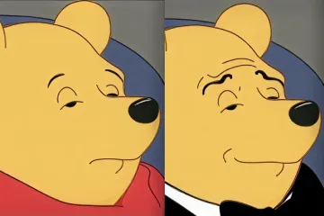Two images of Winnie the Pooh, one in a red shirt and one in a tuxedo, with different expressions.
