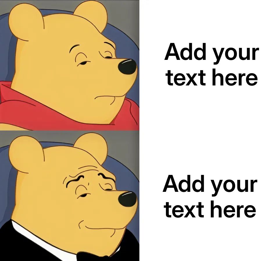 Two images of Winnie the Pooh, one in a red shirt and one in a tuxedo, with different expressions.