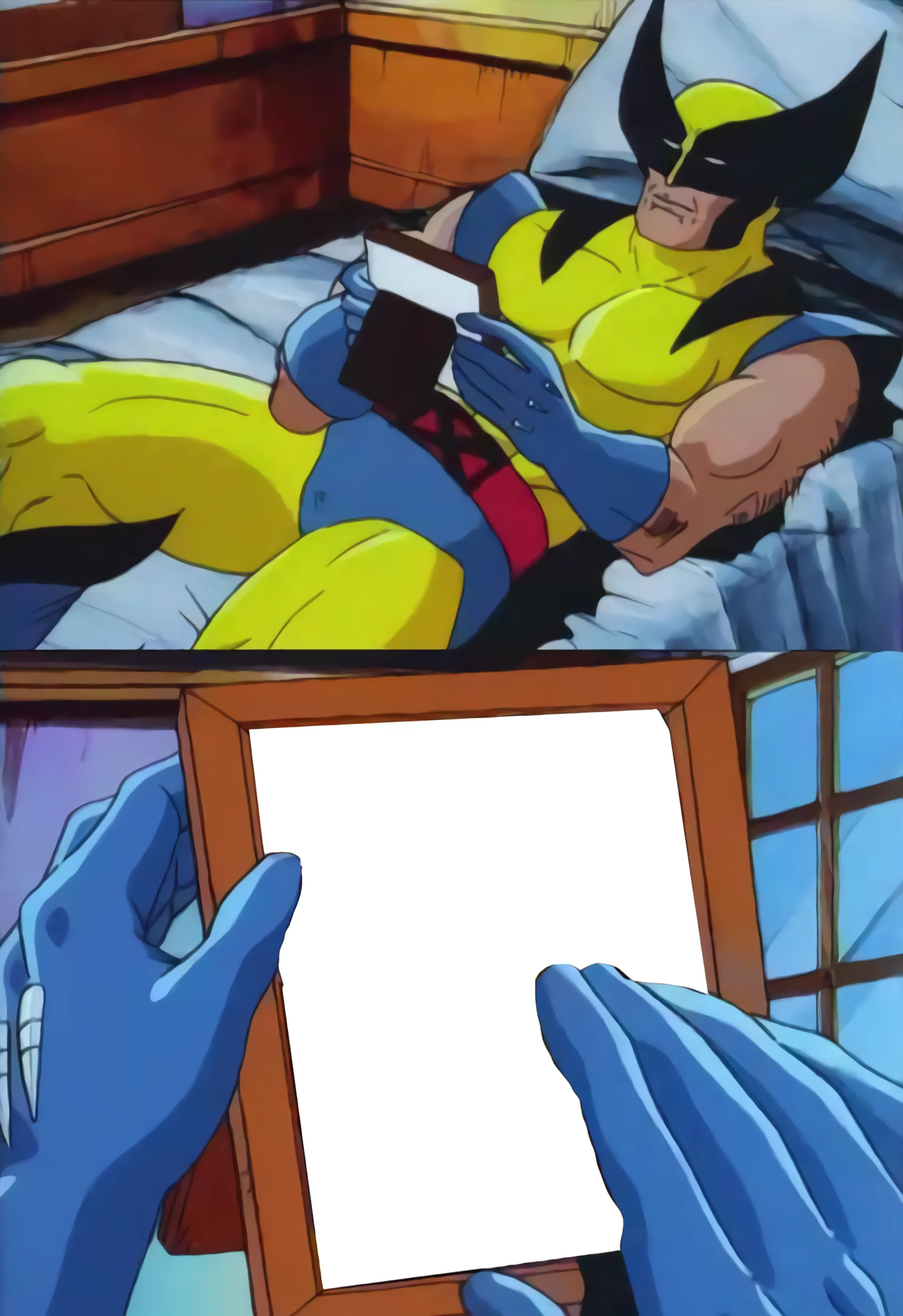 Wolverine lying on a bed holding a picture frame with a blank space.