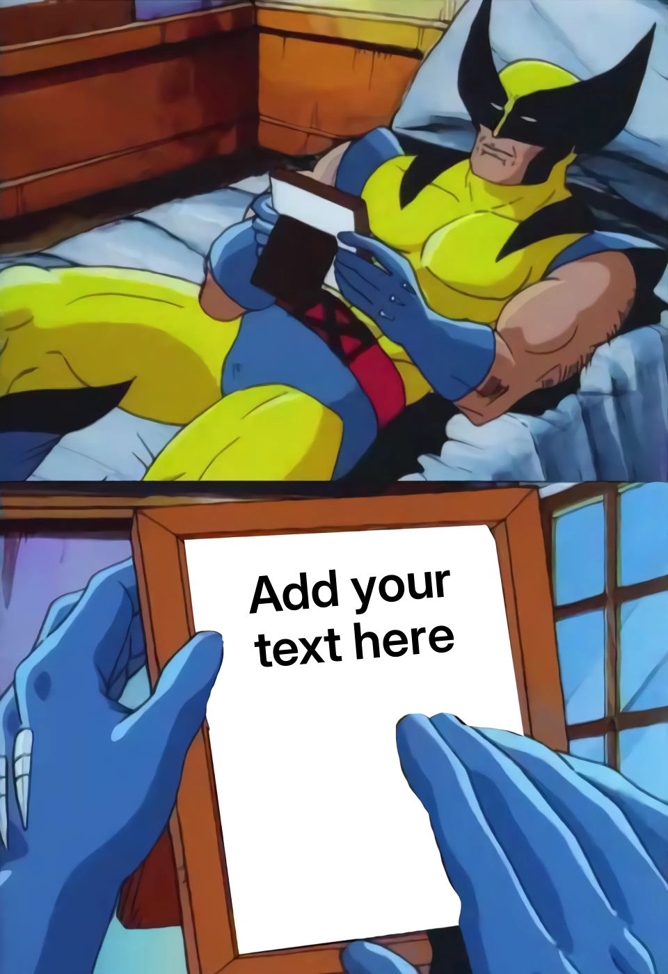 Wolverine lying on a bed holding a picture frame with a blank space.
